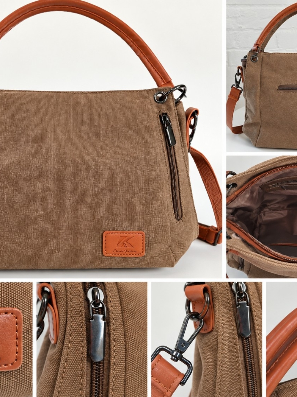 Brown Canvas Shoulder Bag Crossbody Handbag Multiple Pockets